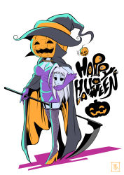 Rule 34 | 10s, 1girl, ahoge, blue skin, breasts, cape, cleavage, colored skin, disembodied head, dress, dullahan, fishnet thighhighs, fishnets, full body, gloves, halloween, halloween costume, happy halloween, hat, high heels, holding, holding head, holding weapon, huge ahoge, jack-o&#039;-lantern, lala (monster musume), long hair, medium breasts, monster girl, monster musume no iru nichijou, purple dress, purple gloves, s-now, scythe, signature, simple background, solo, thighhighs, weapon, white background, white hair, witch hat