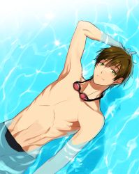 Rule 34 | 10s, 1boy, brown hair, free!, goggles, goggles around neck, green eyes, male focus, no nipples, nonhomo gyunyu, topless male, short hair, smile, solo, swimming, swimsuit, tachibana makoto, water