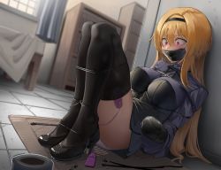 Rule 34 | 1girl, absurdres, bdsm, black thighhighs, blonde hair, blurry, blush, bondage, bound, breasts, commission, depth of field, eyebrows hidden by hair, female focus, full body, gag, gagged, hair between eyes, hair ornament, harris hero, high heels, highres, idolmaster, idolmaster cinderella girls, idolmaster cinderella girls starlight stage, improvised gag, kidnapped, kurosaki chitose, large breasts, long hair, panties, pink eyes, restrained, second-party source, sex toy, skirt, solo, tape, tape gag, taped hands, thighhighs, underwear, variant set, very long hair, vibrator, vibrator in thighhighs, white background, white panties