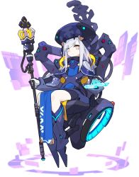 Rule 34 | 1girl, armored boots, artist request, black bodysuit, blue capelet, blue hat, blue socks, blunt bangs, blush, bodysuit, boots, cable, capelet, chair, closed mouth, expressionless, facial mark, female focus, flat chest, floating, floating object, full body, fur hat, glowing, grey hair, hat, highres, holding, holding staff, holographic interface, hover vehicle, knee boots, kneehighs, lav (world flipper), legs together, light blush, long hair, looking at viewer, non-web source, official art, orange eyes, pelvic curtain, ribbed legwear, see-through, sidelocks, sitting, socks, solo, staff, tabard, transparent background, ushanka, wheelchair, world flipper