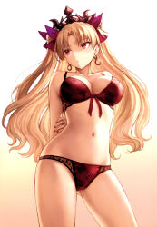 Rule 34 | 1girl, :&lt;, absurdres, arms behind back, blonde hair, bra, breasts, cleavage, closed mouth, collarbone, contrapposto, cowboy shot, crown, earrings, ereshkigal (fate), fate/grand order, fate (series), frown, gluteal fold, gradient background, hair ornament, highres, jewelry, large breasts, long hair, looking away, mashuu (neko no oyashiro), nail polish, navel, panties, parted bangs, red bra, red eyes, red panties, scan, simple background, solo, standing, two side up, underwear, underwear only