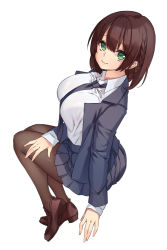 Rule 34 | 1girl, ai-chan (tawawa), arm support, blazer, bra, bra visible through clothes, braid, breasts, brown hair, brown pantyhose, closed mouth, from above, from side, getsuyoubi no tawawa, green eyes, highres, jacket, large breasts, loafers, looking at viewer, naidong (artist), necktie, pantyhose, pleated skirt, school uniform, see-through, shirt tucked in, shoes, short hair, side braid, simple background, sitting, skirt, sleeves past wrists, smile, solo, underwear, white background
