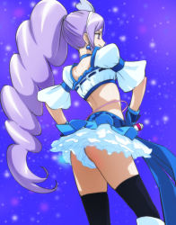 Rule 34 | 00s, 1girl, aono miki, black thighhighs, choker, cure berry, fresh precure!, frilled skirt, frills, from behind, hands on own hips, haruyama kazunori, long hair, magical girl, midriff, ponytail, precure, purple eyes, purple hair, skindentation, skirt, solo, thighhighs