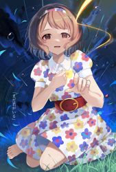 Rule 34 | 1girl, barefoot, belt, belt buckle, brown hair, buckle, collared dress, comet, dress, floral print, grass, highres, idolmaster, idolmaster cinderella girls, looking at viewer, lvetica, nagatomi hasumi, night, night sky, no shoes, print dress, puffy short sleeves, puffy sleeves, red belt, short sleeves, sitting, sky, smile, solo, star (symbol), string, string of fate, tears