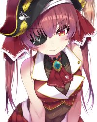 Rule 34 | 1girl, ascot, bare shoulders, black hat, blush, bodystocking, breasts, cleavage, closed mouth, commentary request, cropped jacket, eyepatch, hair between eyes, hair ribbon, hat, highres, hololive, hototogisu (hot to gis), houshou marine, jacket, long hair, looking at viewer, medium breasts, pirate hat, red ascot, red eyes, red hair, red jacket, red ribbon, ribbon, see-through, see-through cleavage, simple background, sleeveless, sleeveless jacket, smile, solo, twintails, virtual youtuber, white background