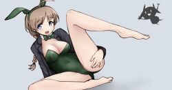 Rule 34 | 1girl, ahoge, animal ears, bare legs, bow, bowtie, braid, breasts, brown hair, cleavage, covered navel, detached collar, green bow, green bowtie, green leotard, grey background, grey eyes, grey jacket, happy new year, highres, jacket, leotard, lynette bishop, m1saki 1, medium breasts, miyafuji yoshika, new year, open clothes, open jacket, playboy bunny, rabbit ears, rabbit tail, silhouette demon, simple background, single braid, solo, spread legs, strike witches, tail, world witches series, wrist cuffs