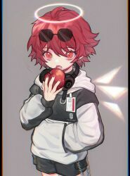 Rule 34 | 1girl, apple, arknights, black shorts, chain, commentary, cowboy shot, ear piercing, energy wings, exusiai (arknights), eyewear on head, food, fruit, grey background, grey hoodie, halo, hand in pocket, headphones, headphones around neck, highres, holding, holding food, holding fruit, hood, hoodie, id card, imminent bite, imros, long sleeves, looking at viewer, medium hair, nail polish, open mouth, penguin logistics logo, piercing, red eyes, red hair, red nails, shorts, simple background, solo, sunglasses, symbol-only commentary, teeth, two-tone hoodie, white hood