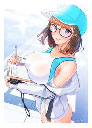 Rule 34 | 1girl, ass, bare shoulders, baseball cap, black-framed eyewear, blue eyes, blush, breast rest, breasts, brown hair, competition swimsuit, female focus, from above, glasses, happy, hat, highres, holding, jacket, large breasts, legs, looking at viewer, medium hair, nanahime, nose blush, off-shoulder jacket, off shoulder, one-piece swimsuit, open clothes, open jacket, open mouth, original, outdoors, pool, smile, solo, standing, stopwatch, swimsuit, thighs, tile floor, tiles, two-tone swimsuit, watch, writing