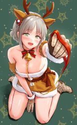 Rule 34 | 1girl, animal ears, arm between legs, arm up, bell, breasts, dress, fake animal ears, fake antlers, full body, gloves, green eyes, grey hair, hairband, highres, holding, holding leash, leash, medium breasts, neck bell, no shoes, open mouth, original, reaching, reaching towards viewer, reco (fortunequest), santa costume, short hair, sitting, socks, solo, wariza