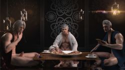 Rule 34 | 3boys, 3d, abs, barefoot, dante (devil may cry), devil may cry (series), erection, facial hair, feet, food, grin, highres, looking at viewer, male focus, mo0nx, multiple boys, muscular, muscular male, nero (mm19), penis, pizza, pov, silver hair, smile, toes, walk in