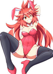 Rule 34 | 1girl, amou kanade, animal ears, black thighhighs, bow, bowtie, breasts, commentary request, detached collar, fake animal ears, full body, grin, invisible chair, large breasts, leotard, long hair, looking at viewer, one eye closed, playboy bunny, rabbit ears, red eyes, red footwear, red hair, red leotard, senki zesshou symphogear, simple background, sitting, smile, strapless, strapless leotard, thighhighs, white background, white neckwear, zetsumu