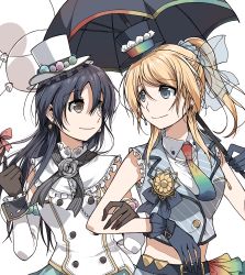 Rule 34 | 10s, 2girls, holding another&#039;s arm, ayase eli, balloon, belt, blonde hair, blue hair, bow, brown eyes, clipe, earrings, female focus, flower, gloves, hat, holding own arm, jewelry, long hair, looking at another, love live!, love live! school idol festival, love live! school idol project, multiple girls, necktie, ponytail, rainbow gradient, rose, simple background, smile, sonoda umi, umbrella, white background, yuri