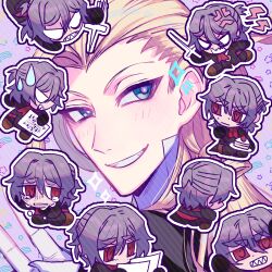 Rule 34 | 2boys, anger vein, angry, antonio salieri (fate), antonio salieri (second ascension) (fate), ascot, black jacket, black pants, blonde hair, blue eyes, blush, brown footwear, cake, chibi, clenched teeth, crying, crying with eyes open, curly hair, fangs, fate/grand order, fate (series), fingernails, food, fork, gloves, grey hair, grin, hair between eyes, hair intakes, half updo, hand up, holding, holding fork, holding knife, holding paper, holding weapon, jacket, knife, lightning bolt symbol, long hair, looking at another, looking at viewer, male focus, multiple boys, nekohai darake, open mouth, outline, pants, paper, purple background, red ascot, red eyes, sharp fingernails, sharp teeth, sheet music, shoes, simple background, sitting, smile, sparkle, star (symbol), starry background, sweatdrop, tears, teeth, upper body, v, v-shaped eyes, weapon, white gloves, white outline, wolfgang amadeus mozart (fate)