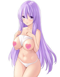Rule 34 | 1girl, :p, absurdres, blush, breasts, closed mouth, collarbone, cowboy shot, hands on own chest, heart pasties, highres, large breasts, long hair, looking at viewer, marui koishi, navel, original, panties, panties on breasts, pasties, purple eyes, purple hair, simple background, smile, solo, stomach, straight hair, tongue, tongue out, underwear, underwear only, very long hair, white background, white panties