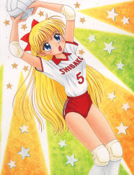 Rule 34 | 1990s (style), 1girl, aino minako, arms up, ball, bishoujo senshi sailor moon, blonde hair, blue eyes, buruma, clothes writing, earrings, elbow pads, feet out of frame, gym shirt, gym uniform, highres, holding, holding ball, jewelry, knee pads, long hair, madoka akira, open mouth, playing sports, red buruma, retro artstyle, ribbon, shirt, shirt tucked in, shirt writing, short sleeves, socks, solo, star (symbol), thighs, volleyball, volleyball (object), white shirt, white socks