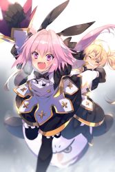 Rule 34 | 1boy, 1girl, astolfo (fate), astolfo (saber) (fate), astolfo (saber) (fate) (cosplay), astolfo (saber) (third ascension) (fate), black bow, black gloves, black legwear, black neckwear, black ribbon, blonde hair, blush, bow, bowtie, bradamante (fate), breasts, closed eyes, cosplay, echo (circa), fang, fate/grand order, fate (series), gloves, gold trim, hair between eyes, hair intakes, hippogriff, layered skirt, long hair, low twintails, multicolored hair, open mouth, pink hair, purple eyes, ribbon, skirt, smile, streaked hair, stuffed animal, stuffed toy, trap, twintails, very long hair, white hair