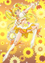 Rule 34 | 10s, 1girl, ass, bad id, bad pixiv id, bike shorts, blonde hair, boots, cure sunshine, dress, female focus, flower, full body, gradient background, hair ribbon, heartcatch precure!, highres, instrument, kujira gunsou, long hair, magical girl, midriff, myoudouin itsuki, plant, precure, ribbon, smile, solo, sparkle, sunflower, tambourine, twintails, wrist cuffs, yellow eyes, yellow theme