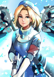 Rule 34 | 1girl, azuumori, blonde hair, blue dress, blue eyes, blue hat, breasts, cowboy shot, dress, gloves, gun, hat, holding, holding gun, holding weapon, looking at viewer, mechanical wings, medium breasts, mercy (overwatch), overwatch, overwatch 1, parted lips, signature, smile, solo, weapon, white gloves, wings