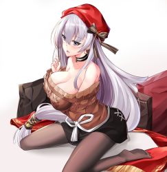 Rule 34 | 1girl, aran sweater, azur lane, bare shoulders, belfast (azur lane), belfast (shopping with the head maid) (azur lane), beret, black pantyhose, black skirt, blush, breasts, brown sweater, cable knit, choker, cleavage, collarbone, earrings, hand on own chest, hat, highres, hoop earrings, jewelry, large breasts, long hair, looking at viewer, necklace, no shoes, off-shoulder sweater, off shoulder, open mouth, pantyhose, ponytail, purple eyes, scarf, unworn scarf, silver hair, sitting, sitting on lap, sitting on person, skirt, solo, spread legs, star (symbol), star necklace, sweater, thighhighs, white background, yan lie