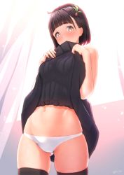 Rule 34 | 1girl, ahoge, black hair, black thighhighs, blunt bangs, blush, breasts, brown eyes, clothes lift, covered mouth, cowboy shot, dress, dress lift, embarrassed, hair ornament, indoors, lifting own clothes, looking at viewer, medium breasts, mouth hold, nanahime, original, panties, short hair, skindentation, skirt, skirt lift, solo, standing, thighhighs, underwear, white panties