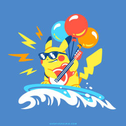 Rule 34 | blue background, commentary, creatures (company), electric guitar, english commentary, flying pikachu, full body, game freak, gen 1 pokemon, guitar, holding, holding instrument, instrument, nintendo, no humans, pikachu, pokemon, pokemon (creature), simple background, smirk, solo, sunglasses, surfboard, surfing pikachu, versiris, water, waves