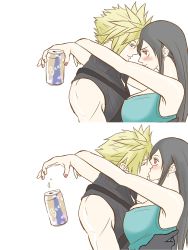 Rule 34 | 1boy, 1girl, bare shoulders, beer can, black hair, blonde hair, blue eyes, blush, breasts, can, cloud strife, couple, drink can, earrings, final fantasy, final fantasy vii, final fantasy vii advent children, hetero, high collar, highres, hug, jewelry, kiss, large breasts, long hair, looking at viewer, mapcvt, red eyes, spiked hair, square enix, surprise kiss, surprised, tifa lockhart, uupper teeth, white background