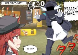 Rule 34 | 1girl, 1other, alph (sancheck), arknights, black jacket, braid, cabbie hat, crying, doctor (arknights), english text, fang, gameplay mechanics, hat, helmet, highres, horns, horns through headwear, jacket, motion lines, open mouth, pointy ears, red eyes, red hair, running, speech bubble, sweatdrop, vigna (arknights)