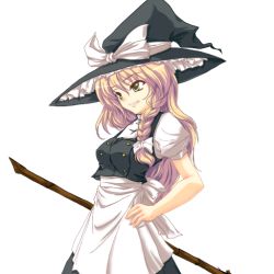 Rule 34 | 1girl, apron, bamboo broom, blonde hair, braid, broom, buttons, female focus, grin, hand on own hip, hat, hip focus, kirisame marisa, short sleeves, side braid, smile, solo, taisa (loudist), taisa (pixiv445706), touhou, transparent background, waist apron, witch, witch hat