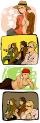 Rule 34 | 2girls, 4boys, 4koma, ahoge, arcade gannon, beret, blush, comic, courier (fallout new vegas), craig boone, facial hair, fallout (series), fallout new vegas, gaijin 4koma (meme), glasses, gloves, hat, highres, hood, jewelry, jumpsuit, lab coat, long image, meme, multiple boys, multiple girls, mustache, necklace, no bra, open clothes, open shirt, parody, raul tejada, red hair, robe, rose of sharon cassidy, scar, shirt, tall image, topless, topless male, veronica santangelo