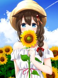 Rule 34 | 1girl, alternate costume, bare shoulders, blue eyes, braid, brown hair, check commentary, commentary request, flower, hair flaps, hair ornament, hat, kantai collection, looking at viewer, shigure (kancolle), shigure kai ni (kancolle), single braid, solo, sunflower, yamamura umi