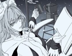 Rule 34 | 1girl, animal ears, arknights, book, braid, breasts, chair, cleavage, cup, dress, extra ears, gloves, greyscale, hair between eyes, highres, holding, holding cup, kettle, kyoro (kyoroillust), large breasts, looking at viewer, looking back, monochrome, mug, official alternate costume, open book, outdoors, pozyomka (arknights), pozyomka (snowy plains in words) (arknights), sitting, snow, solo, steam, wolf ears, wolf girl