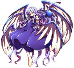 Rule 34 | 1girl, absurdly long hair, angel wings, baba (baba seimaijo), barefoot, blue hair, commentary request, dress, earrings, feet, full body, highres, jewelry, long hair, long sleeves, multiple wings, sariel (touhou), simple background, solo, staff, touhou, touhou (pc-98), very long hair, white background, wings