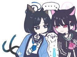 Rule 34 | ..., 1boy, 2girls, animal ears, ascot, black eyes, black hair, black hoodie, blue archive, blue neckerchief, cat&#039;s cradle, cat ears, cat girl, cat tail, choker, closed mouth, colored inner hair, doodle sensei (blue archive), extra ears, eye contact, girl sandwich, glaring, hair ornament, hairclip, halo, hands in pockets, haori, hood, hoodie, japanese clothes, kazusa (blue archive), kikyou (blue archive), looking at another, multicolored hair, multiple girls, multiple tails, neck ribbon, neckerchief, nervous sweating, neshia (tsaqif0309), pink ascot, red eyes, ribbon, sailor collar, sandwiched, sensei (blue archive), shirt, short hair, spoken ellipsis, sweat, tail, upper body, v-shaped eyebrows, white background, white shirt