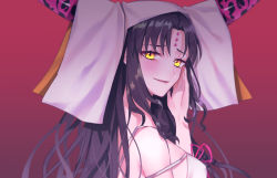 Rule 34 | 10s, 1girl, artist request, bad id, bad pixiv id, bare shoulders, black hair, blush, facial mark, fate/extra, fate/extra ccc, fate (series), forehead mark, from side, highres, horns, long hair, looking at viewer, looking to the side, parted lips, sessyoin kiara, smile, solo, upper body, veil, yellow eyes