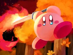 Rule 34 | absurdres, blush stickers, colored skin, deleca7755, fire, flaming sword, flaming weapon, forest, highres, holding, holding sword, holding weapon, kirby, kirby (series), kirby 64, leaf, looking at viewer, maple leaf, nature, nintendo, no humans, pink skin, power combo (kirby), solid oval eyes, sword, tree, weapon