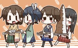 Rule 34 | 10s, 4girls, adomi, akagi (kancolle), armor, black hair, blush stickers, brown hair, carrot, chibi, curry, curry rice, closed eyes, food, hair ribbon, hiryuu (kancolle), japanese clothes, kaga (kancolle), kantai collection, multiple girls, muneate, open mouth, personification, plate, ponytail, ribbon, rice, side ponytail, smile, souryuu (kancolle), sweatdrop, thighhighs, twintails