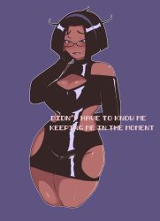 Rule 34 | 1girl, artist self-insert, black dress, black hair, blush, bob cut, breasts, cleavage, cleavage cutout, clothing cutout, commentary, cropped legs, dark-skinned female, dark skin, detached sleeves, dress, english commentary, english text, glasses, hairband, hand on own cheek, hand on own face, highres, hip vent, latex, latex dress, legs together, nyantcha, purple hairband, real life, red eyes, semi-rimless eyewear, short dress, short hair, skindentation, solo, standing, thick thighs, thighs, tsona (nyantcha), under-rim eyewear