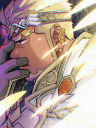 Rule 34 | 1boy, bara, beard, blonde hair, crave saga, crown, dark-skinned male, dark skin, depressed, excalibur (crave saga), eyebrow cut, facial hair, forked eyebrows, from side, hand on own face, highres, light particles, looking down, male focus, mature male, official alternate costume, profile, short hair, solo, suv (suv032), thick eyebrows
