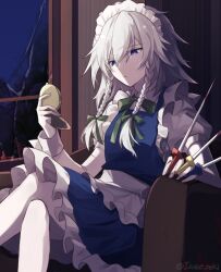 Rule 34 | 1girl, :/, apron, armchair, blood, bloody weapon, blue dress, blue eyes, bow, bowtie, braid, chair, closed mouth, commentary, crossed legs, dress, green bow, green bowtie, grey hair, hair between eyes, hair bow, holding, holding knife, holding pocket watch, indoors, izayoi sakuya, izuse reki, knife, long hair, looking at object, maid, maid headdress, night, night sky, on chair, pocket watch, puffy short sleeves, puffy sleeves, shirt, short sleeves, sitting, sky, solo, touhou, twin braids, waist apron, watch, weapon, white apron, white shirt