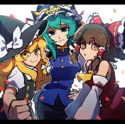 Rule 34 | 3girls, blonde hair, blurry, bow, brown eyes, brown hair, commentary request, depth of field, detached sleeves, green eyes, green hair, grin, hair bow, hair tubes, hakurei reimu, highres, iganashi1, kirisame marisa, multiple girls, one-hour drawing challenge, red vest, shiki eiki, simple background, smile, straight-on, touhou, vest, white background, yellow eyes