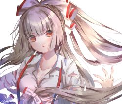 Rule 34 | 1girl, artist name, blush, bow, breasts, collar, collared shirt, commentary, eyes visible through hair, fujiwara no mokou, grey hair, hair bow, hand up, long hair, looking at viewer, medium breasts, multicolored bow, open mouth, red bow, red eyes, shiromoru (yozakura rety), shirt, short sleeves, simple background, solo, touhou, upper body, white background, white bow, white shirt, white sleeves