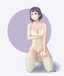 Rule 34 | 1girl, avery (little witch academia), breasts, cleavage, female focus, full body, grin, hair ornament, kneeling, leotard, little witch academia, looking at viewer, matching hair/eyes, naughty face, short hair, smile, solo, swimsuit, thighhighs, thighs, thotticus-slayer, white thighhighs