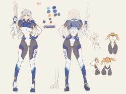 Rule 34 | 1girl, arekara4nen, ass, bodysuit, breasts, character sheet, grey hair, gun, high heels, large breasts, looking at viewer, multiple views, simple background, skin tight, smile, solo, standing, unfinished, weapon