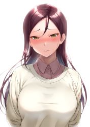 Rule 34 | 1girl, absurdres, arms at sides, blush, breasts, brown hair, brown shirt, buttons, chishio (onoderayui), closed mouth, collared shirt, commentary request, hair behind ear, highres, large breasts, long hair, long sleeves, looking at viewer, love live!, love live! sunshine!!, mature female, nose blush, parted bangs, raised eyebrows, sakurauchi riko&#039;s mother, shirt, simple background, solo, sweater, upper body, wavy hair, white background, white sweater, yellow eyes