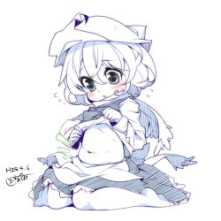 Rule 34 | 1girl, aged down, belly, blush, child, clothes lift, female focus, flat chest, flying sweatdrops, hat, kokka han, letty whiterock, long sleeves, monochrome, navel, shirt lift, simple background, sitting, sketch, solo, spot color, touhou, wariza, weight conscious, white background