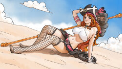 Rule 34 | 1girl, blue sky, breasts, curvy, female focus, full body, gloves, hat, highres, iury padilha, large breasts, looking at viewer, midriff, miniskirt, nami (one piece), navel, official alternate costume, one piece, one piece film: red, orange eyes, orange hair, pirate costume, pirate hat, polearm, revealing clothes, sitting, skirt, sky, smile, solo, sweat, thighhighs, underboob, weapon, white gloves, wide hips