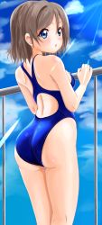 Rule 34 | 1girl, ass, bad id, bad pixiv id, blue eyes, blue sky, blue one-piece swimsuit, cloud, competition swimsuit, day, feet out of frame, grey hair, highleg, highleg swimsuit, love live!, love live! sunshine!!, one-piece swimsuit, outdoors, pix mloof, railing, short hair, sky, solo, standing, swimsuit, watanabe you, wavy hair
