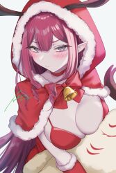 1girl :t baobhan_sith_(fate) bell bikini blush bow breasts cernunnos_(fate) choker christmas cleavage fate/grand_order fate_(series) fur-trimmed_hood fur_trim grey_eyes highres hood hoodie horns ichi_kq long_hair looking_at_viewer pointy_ears pout red_bikini red_bow red_choker red_hoodie santa_hood sidelocks solo swimsuit white_background