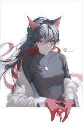 Rule 34 | 1girl, absurdres, animal ears, arknights, at wang, black hair, black shirt, border, breasts, floating hair, gloves, highres, jacket, jacket partially removed, jewelry, long hair, multicolored hair, necklace, official alternate costume, outside border, red eyes, red gloves, red hair, shirt, signature, simple background, small breasts, solo, texas (arknights), texas (winter messenger) (arknights), two-tone hair, upper body, white background, white jacket, wolf ears