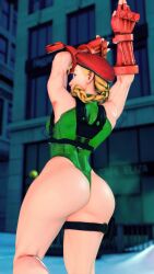 Rule 34 | 1girl, 3d, absurdres, antenna hair, ass, bare shoulders, blonde hair, blue eyes, braid, breasts, cammy white, covered navel, curvy, gloves, green leotard, hat, highleg, highleg leotard, highres, huge ass, leotard, lips, long hair, looking to the side, medium breasts, red gloves, red hat, ryona, screencap, shiny clothes, skindentation, solo, street fighter, street fighter v, stretching, thighs, third-party edit, thong leotard, twin braids, very long hair, wide hips